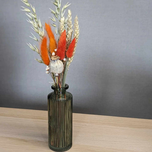 Burnt Orange Dried Posy with Green Glass Vase