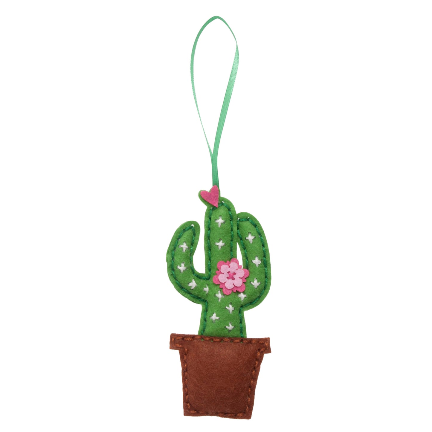 The image shows a felt cactus ornament in a pot with a pink flower on a green ribbon hanging from it