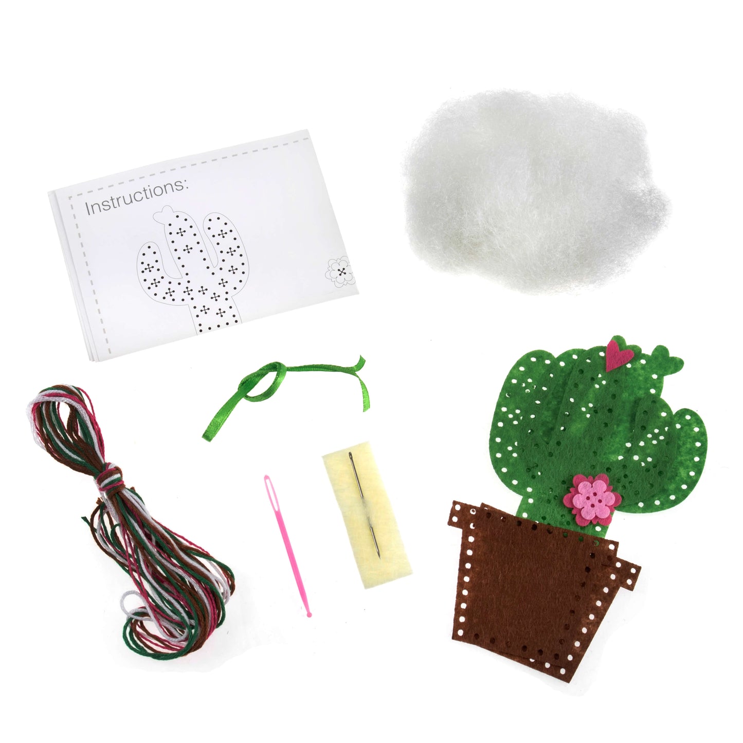 A photo of a felt cactus craft kit, showing a completed cactus in a pot with a flower on top and instructions for making it.