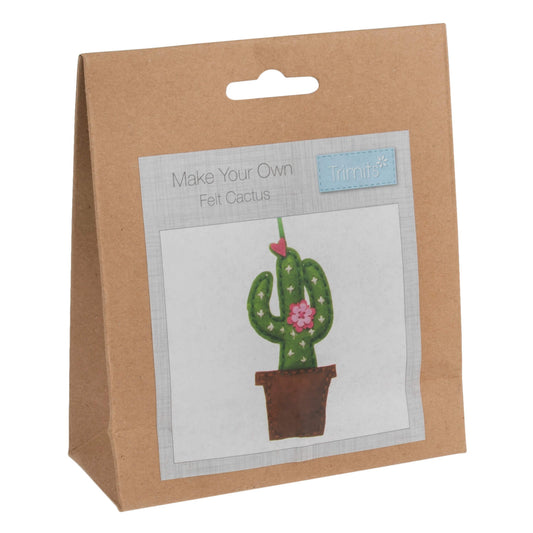 A photo of a felt cactus in a pot on a white background