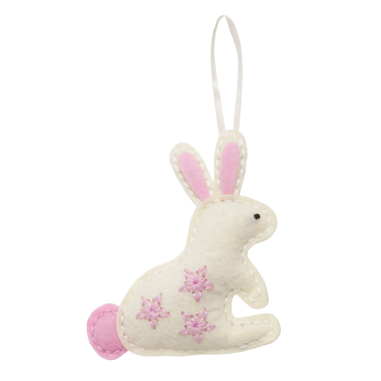 White bunny with pink ears, tails and pink stars on it's lower left body. The bunnies right ear has string attached to allow the hanging of the decoration. Approximate finished size: (d/w/h) 2.5 X 10.5 x 11.5cm.