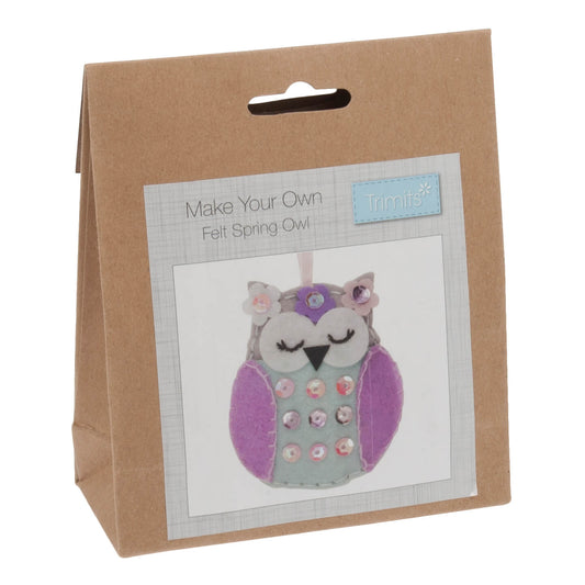 The image shows a felt owl in a box with the words "Make your own felt spring owl"