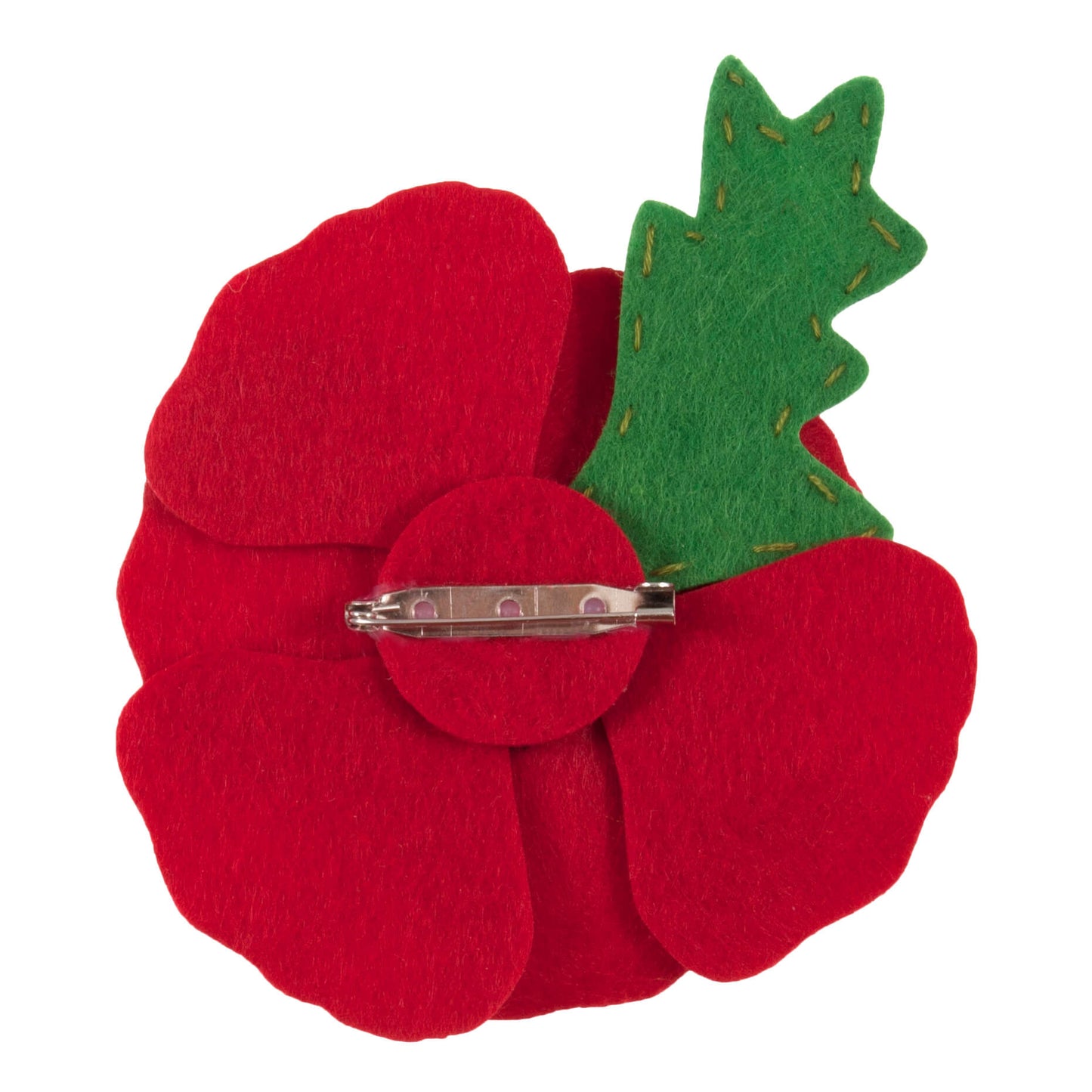 The image shows a felt poppy brooch with a green leaf on a white background.