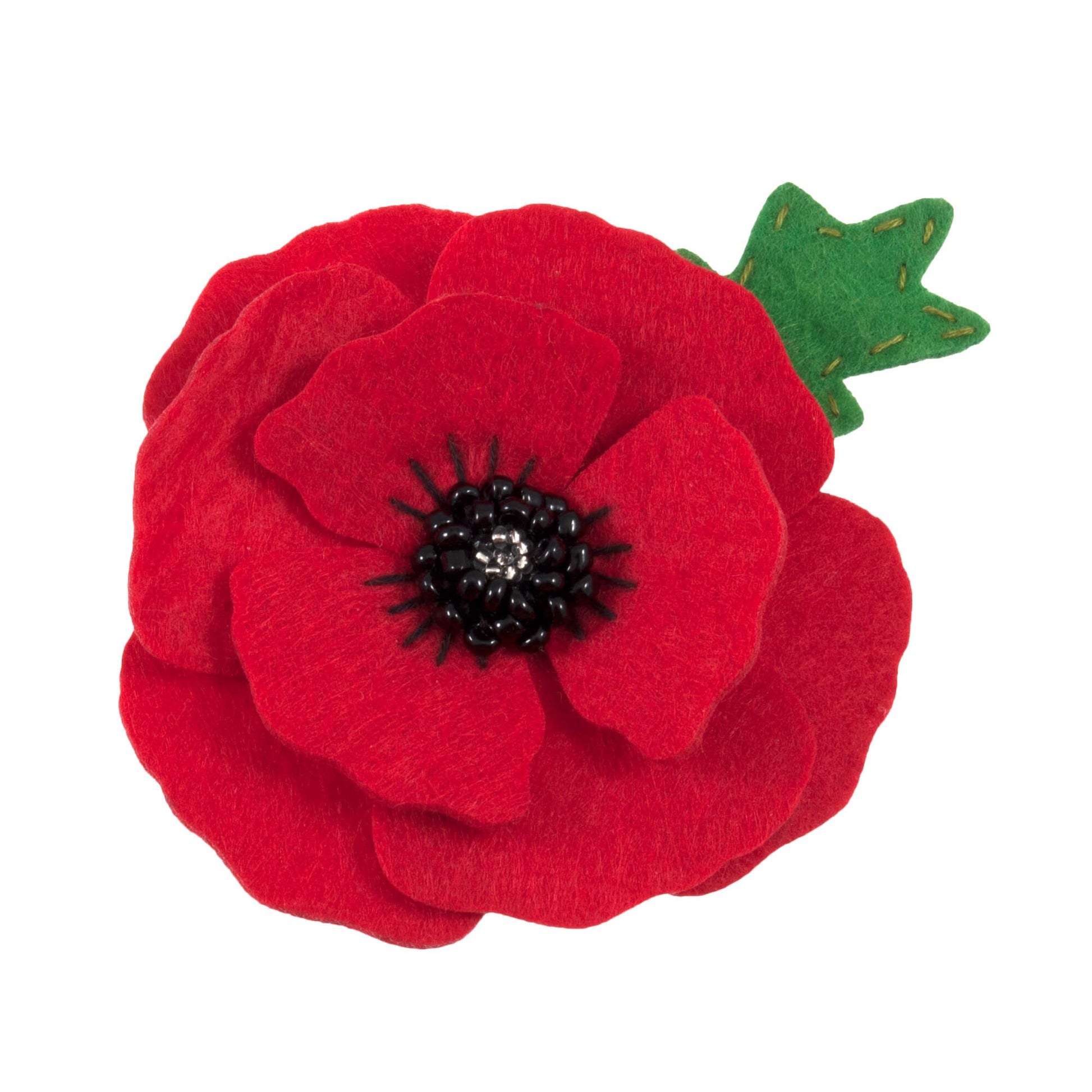  The image shows a red felt poppy with a green leaf on a white background.
