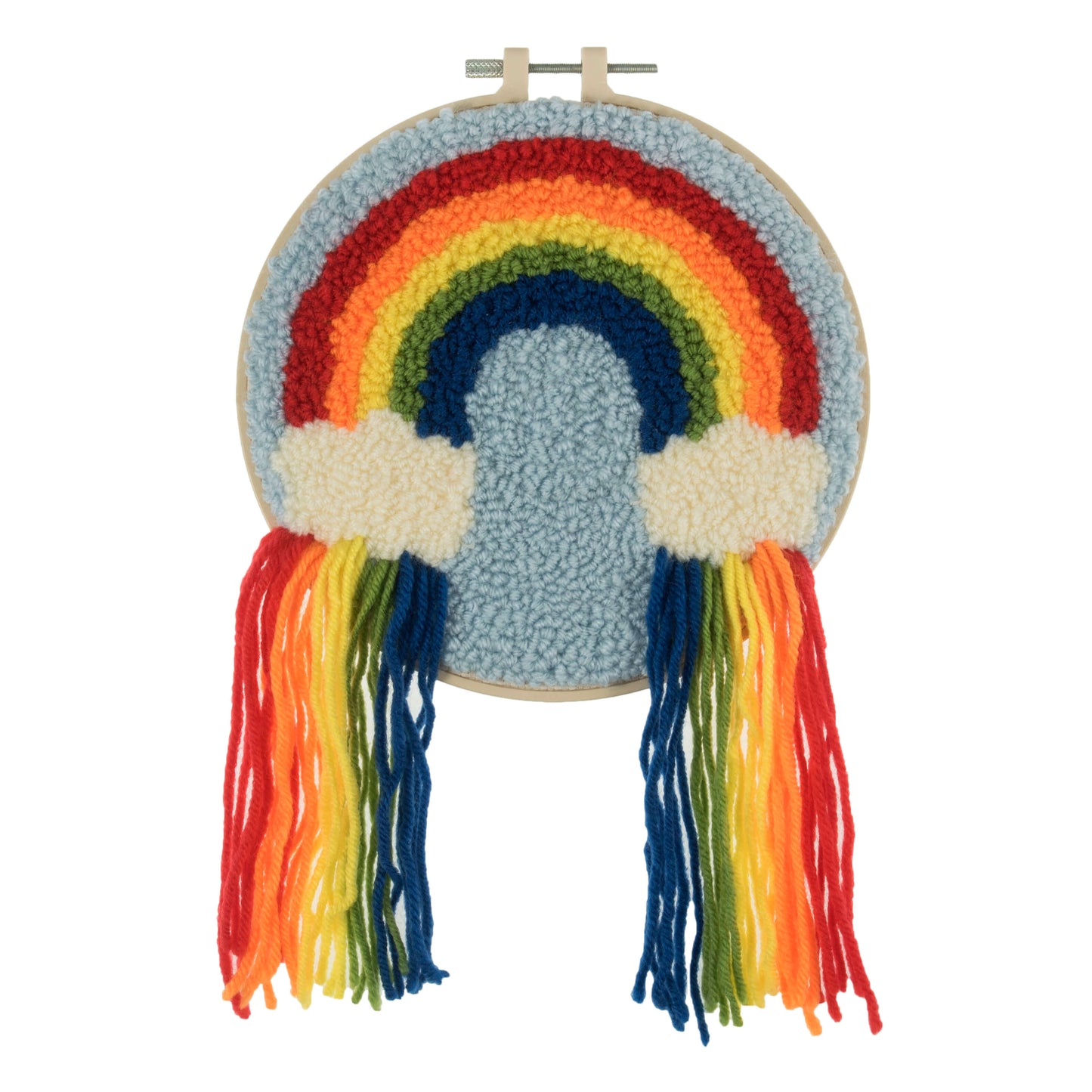 A colorful punch needle embroidery of a rainbow with clouds and raindrops, framed within a wooden embroidery hoop.