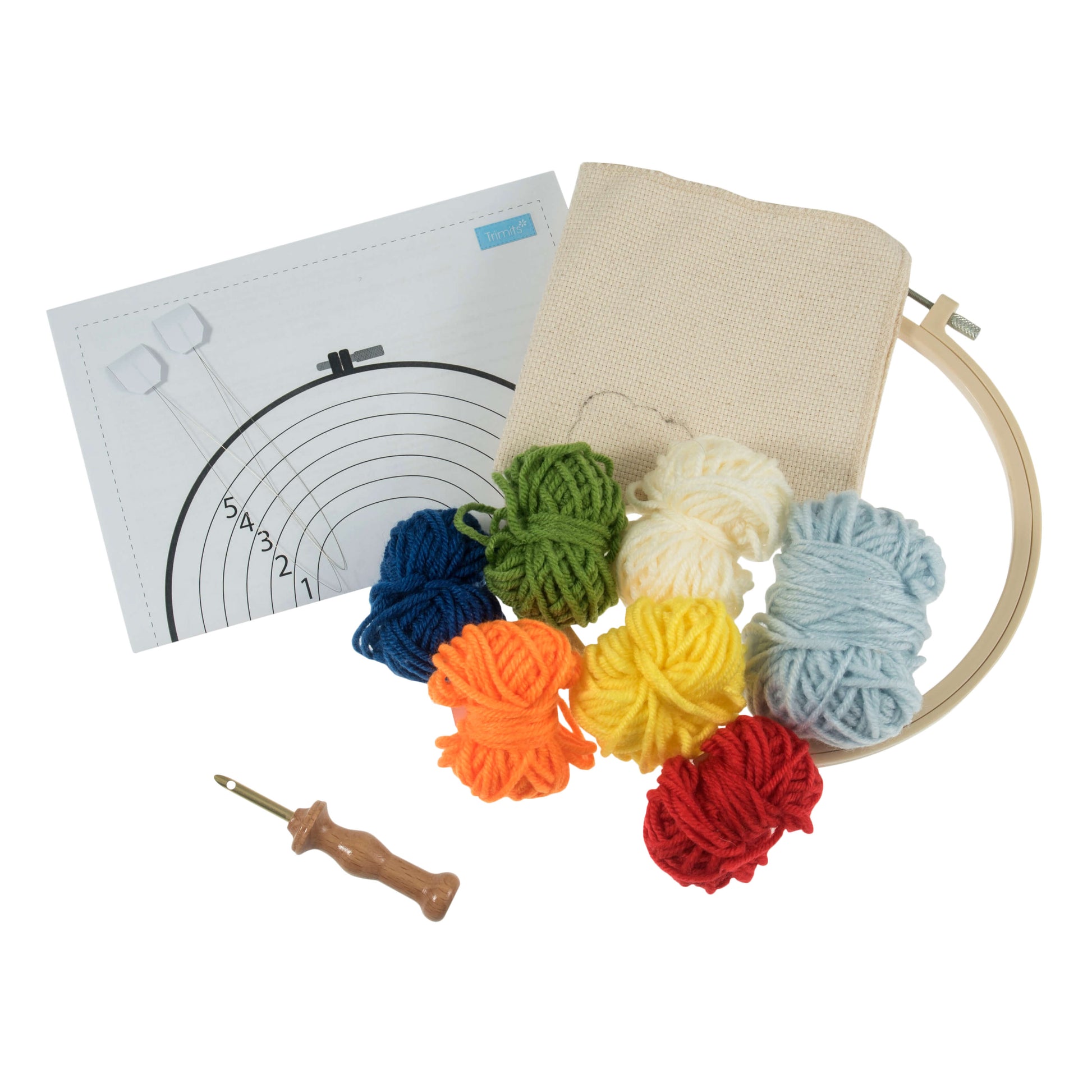 A wooden embroidery hoop, a wooden needle, and a bag of yarn on a white background.