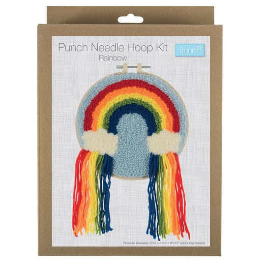 A photorealistic punch needle embroidery kit of a rainbow with clouds and raindrops
