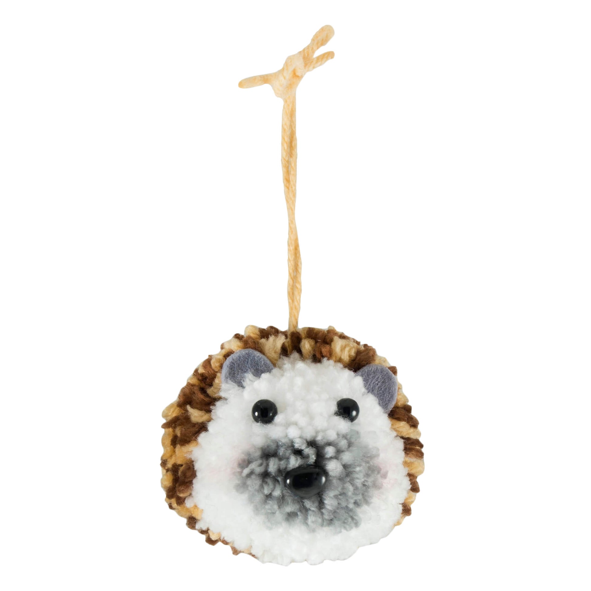  The image shows a pom pom hedgehog hanging from a string on a white background.