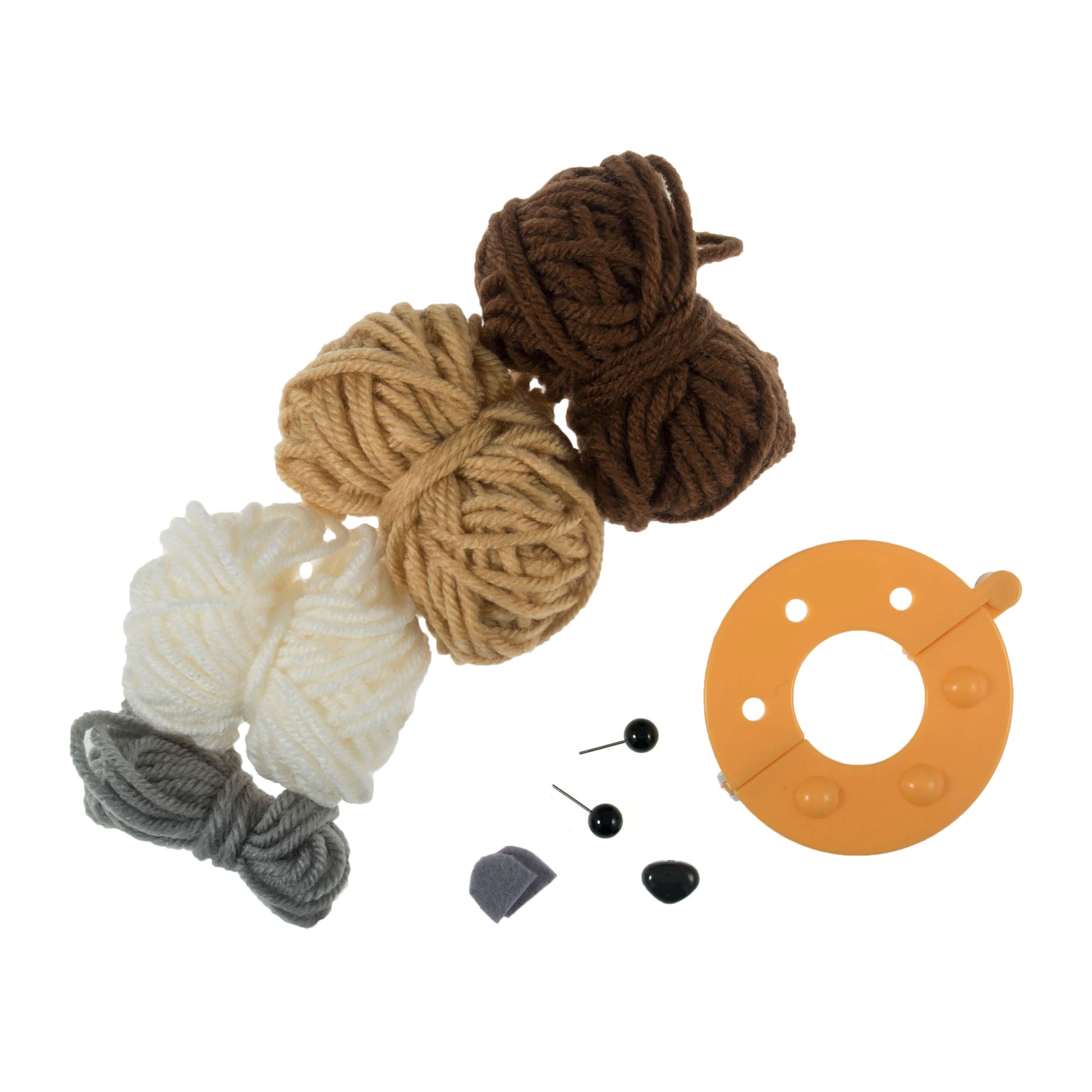 The image shows a pile of yarn and a pom pom maker on a white background.