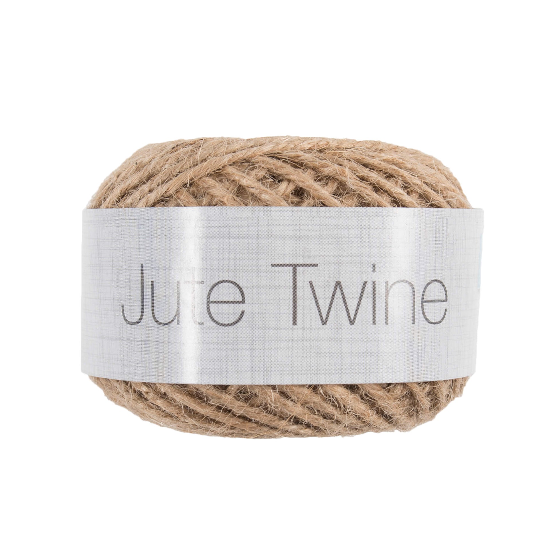 The image shows a ball of jute twine on a white background. Jute Twine is written in black text over a large grey band.