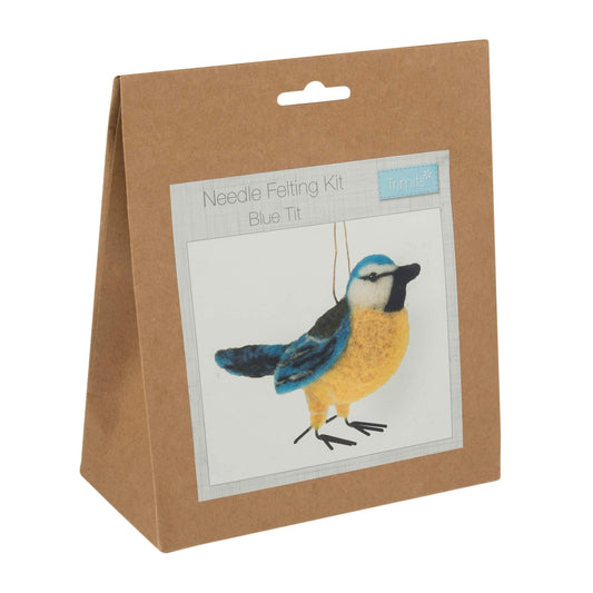  The image shows a needle felting kit with a blue tit bird in a box on a white background.