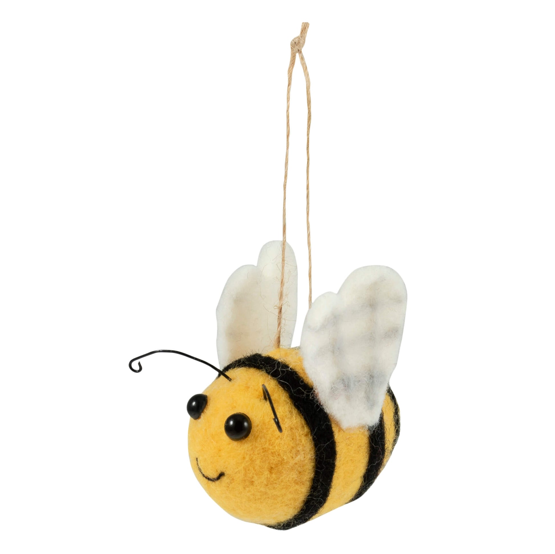 The image shows a felt bee ornament hanging from a string on a white background.
